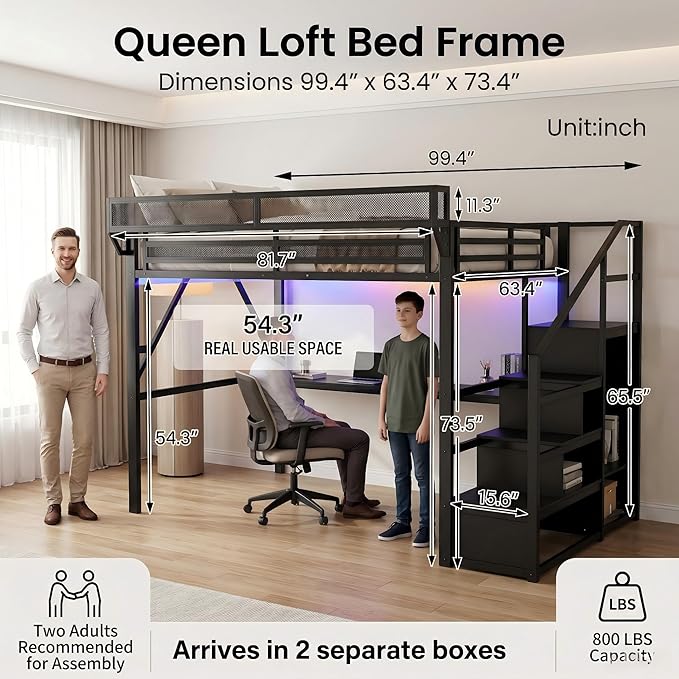 Mirightone Queen Size Loft Bed with Desk and Light, Metal Loft Bed Frame with Stairs and Bedside Shelf, Tall Lofts Beds with Storage Shelves and Wardrobe for Adults Studio Apartment, Black