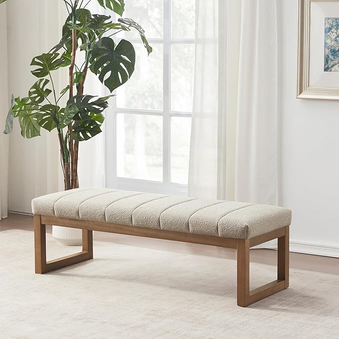Zihanhome 52.7" Bedroom Bench for End of Bed, Modern Upholstered Teddy Fabric Entryway Bench & Dining Bench, Footrest Stool Bench with Solid Wood Frame for Bedroom, Living Room (Camel)