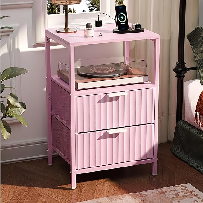VINGLI Night Stand Set 2 with Fabric Drawers, Pink Nightstands with Charging Station, Fluted Nightstand Pink Bedside Table/Side Table for Bedroom, Night Stand Small with Charging Station for Kids Room