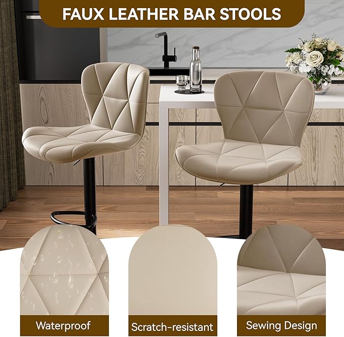 Nalupatio Modern Bar Stools Set of 3, Adjustable Faux Leather Upholstered Swivel Bar Stools, Counter Bar Chairs with Back for Kitchen Island, Khaki