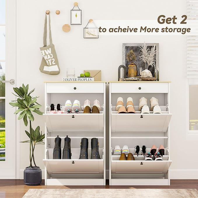 FTZxHKLX Shoe Cabinet with 2 Flip Drawers, Slim Wooden Hidden Shoe Organizer with Drawer, Pet-Proof Narrow Shoe Storage Cabinet for Entryway Living Room Behind The Door