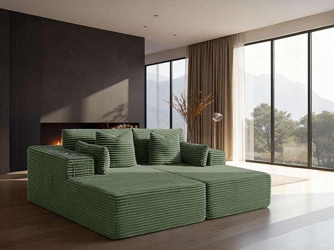 72" Cloud Sectional Couch, Comfort Sleep Sofa for Living Room, Extra Deep Seats No Assembly, Minimalist Modular Couch, Corduroy (Olive Green, Loveseat Chaise)