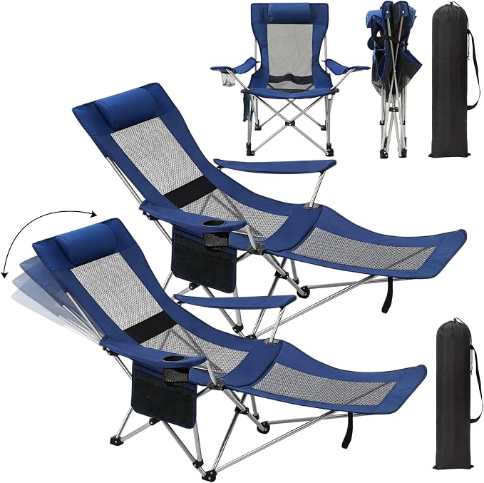 Colingmill 2 Pcs 2 in 1 Reclining Camping Chair with Footrest for Adults Folding Lounger Mesh Beach Chair Adjustable Backrest Lightweight Lawn Chairs for Camping Tailgates Outdoor Beach(Navy Blue)