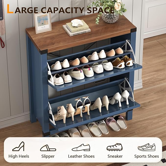 YOMILUVE Shoe Cabinet with 2 Flip Drawers, Farmhouse Shoe Storage Cabinet for Entryway, Slim Shoe Rack Freestanding Shoe Organizer with Barn Door, Blue