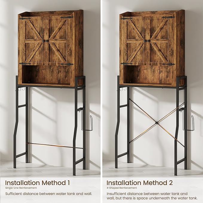 Memobarco Over The Toilet Storage Cabinet, Over Toilet Organizer with 2-Door & Metal Stand, Bathroom Organizers and Storage with Adjustable Shelves for Bathroom, Restroom, Laundry, Rustic Brown