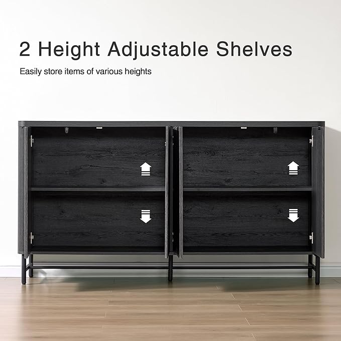 Fatmok 65" Large Sideboard Buffet Cabinet with Storage, Set of 2 Modern Fluted Credenza Accent Coffee Bar Console Tables with Doors & Adjustable Shelves for Living Room or Hallway, Black & Grey