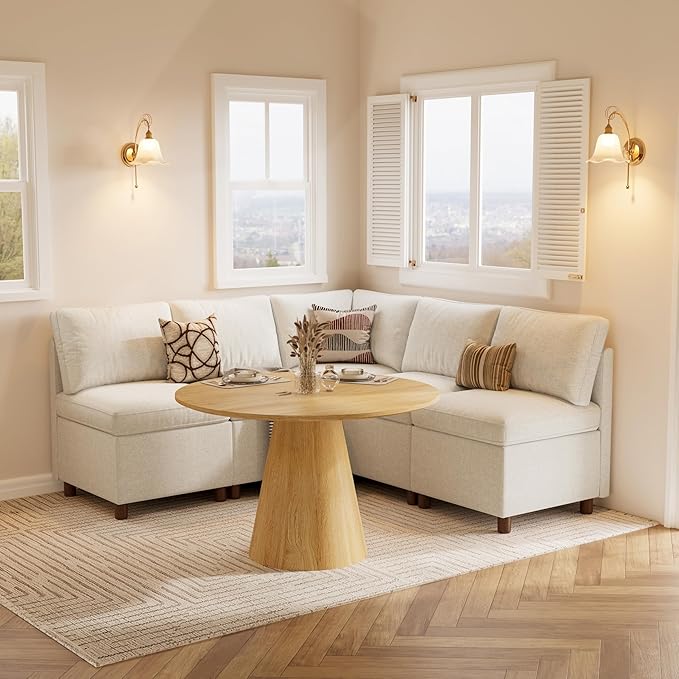 SITJOY Breakfast Nook Bench with Storage, Modular Corner Kitchen Banquette Seating, Dining Settee Couch, Upholstered Dining Bench with Back, Soft-to-Touch Fabric in Beige, 5-Seat L Shaped Nook
