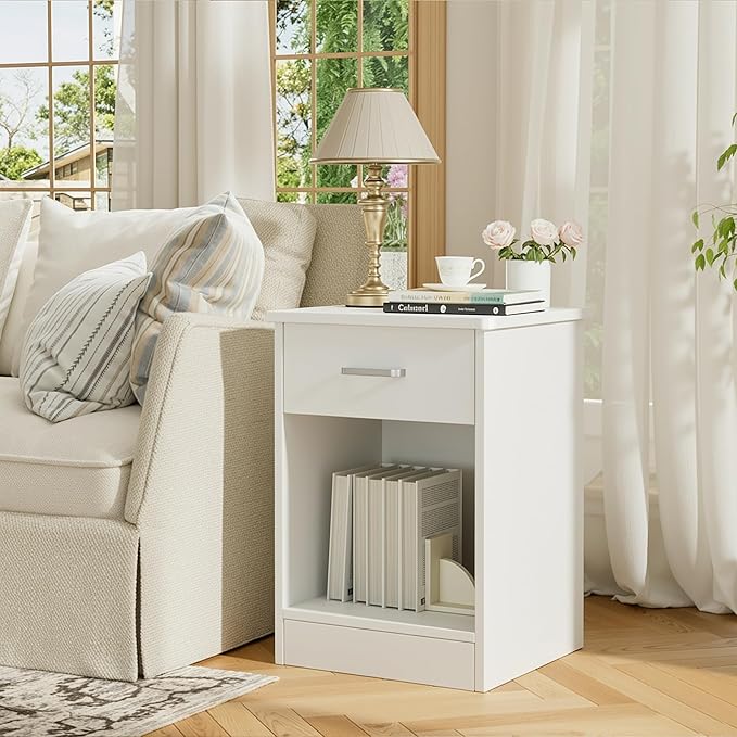FOTOSOK Nightstand Set of 2, White Nightstand with Drawer and Storage Shelf, Bedside Table End Table, Modern Night Stand for Bedroom, Home Office,White