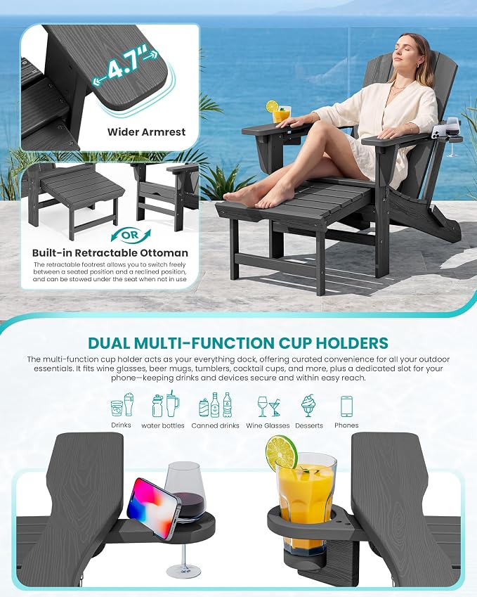 SERWALL Folding Adjustable Adirondack Chairs with Footrest Set of 4, HDPE Outdoor Chair with Dual Cup Holders, All Weather Adirondack Chair with Ottoman, Gray