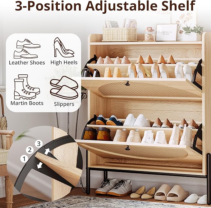 IRONCK Shoe Cabinet Storage with 2 Flip Drawers, Free Standing Wooden Shoe Storage Organizer Cabinet with Rattan Doors for Entryway, Narrow Shoe Rack Cabinet, Oak