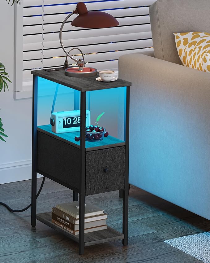 TUTOTAK Small Narrow LED End Table with Charging Station, Side Table Outlets, Nightstand with Cloth Drawer, Set of 2, Couch Table, for Living Room, Bedroom, Bedside, Charcoal Grey TB01BY059