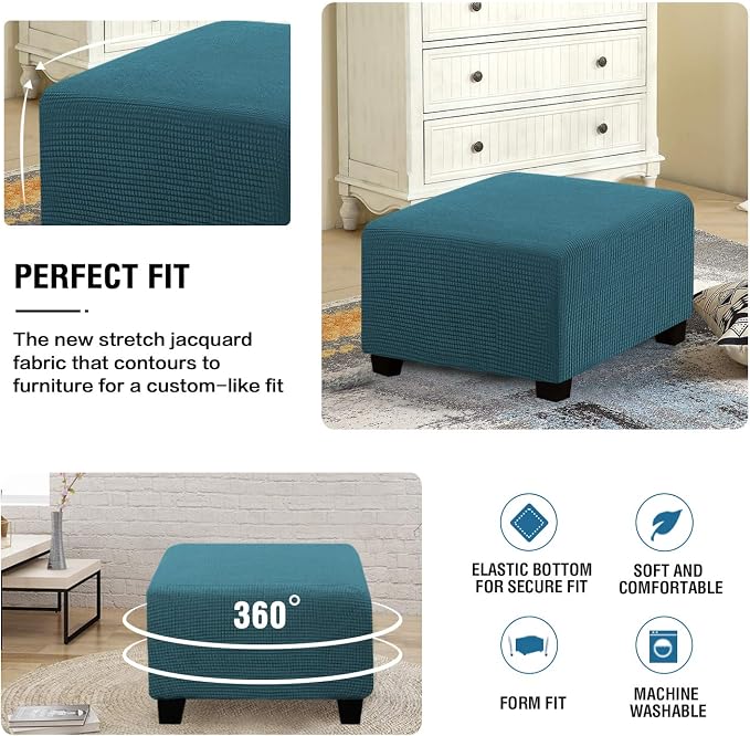 H.VERSAILTEX Square Ottoman Covers Ottoman Slipcovers Folding Storage Stool Furniture Protector Form Fit with Elastic Bottom, Stretch High Spandex Small Checks Jacquard Fabric(Medium,Deep Teal)