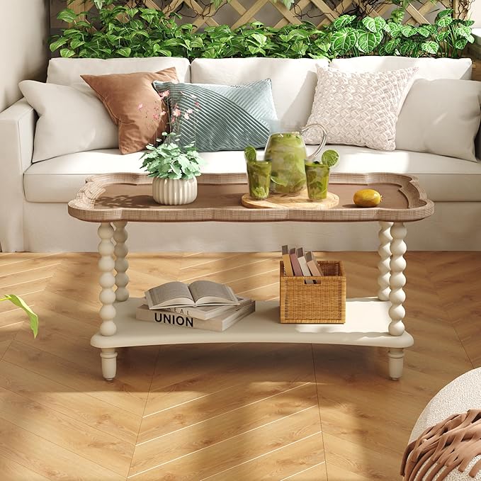 Function Home Farmhouse Coffee Table, 2-Tier Center Table with Storage Shelf, 39.8" French Country Rectangle Accent Table with Natural Tray Top and Spindle Legs for Living Room Balcony, Antique White