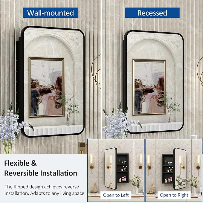 ACEMIRO 24x30 Inch Bathroom Medicine Cabinet with Mirror Black Metal Framed Farmhouse Recessed or Surface Wall Mounted Black Medicine Cabinets for Bathroom