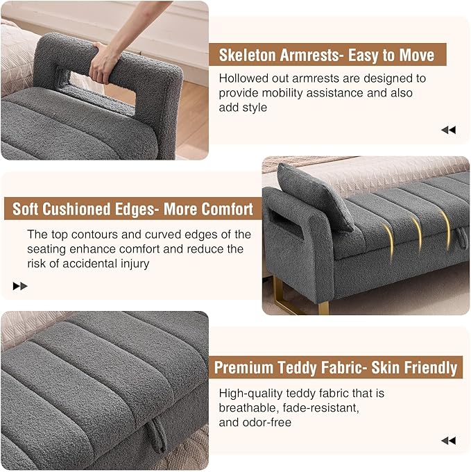 Storage Bench for Bedroom End of Bed King Size, 66'' Bedroom Benches for Foot of Bed King, Grey Teddy End of Storage Bench with Gold Legs & 2 Pillows for Entryway, Windows, Closet