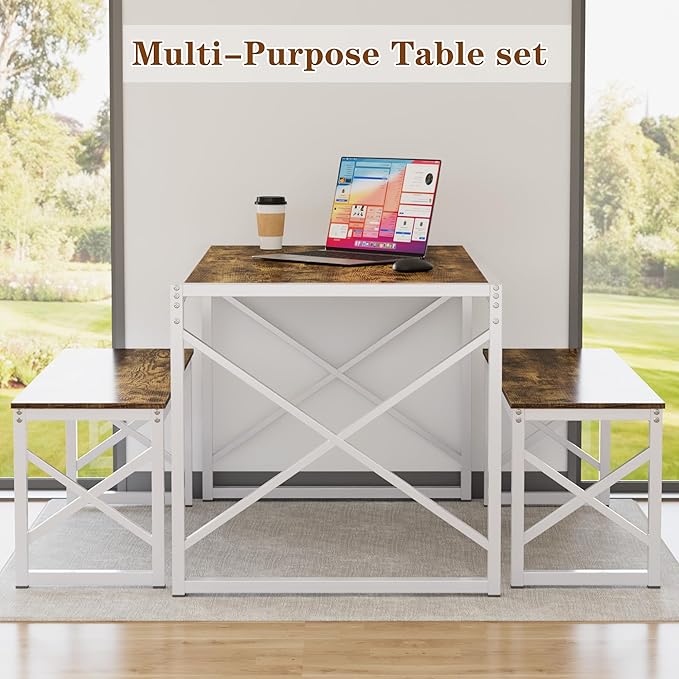 VECELO 55” Kitchen Dining Table Set for 4, Heavy-Duty Steel Frame & Wood-Grain Tabletop, Space-Saving Dinette Sets with 2 Benches for Breakfast Nook and Small Space, Drak Brown