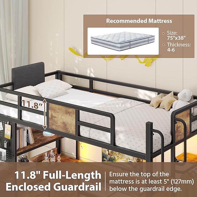 Dnxao Loft Bed Twin Size with L-Shaped Desk and 5 Storage Drawers, LED Metal Twin Loft Bed for Teens & Adults, Space-Saving Workstation with Charging Station for Small Bedroom & Dorm, Rustic Brown