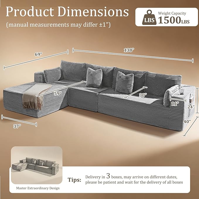 138" Oversized Cloud Sectional Couch, Comfort L Shaped Boneless Couch for Living Room, Extra Deep Seats No Assembly, Minimalist Modular Sofa, Corduroy (Light Grey, 3 seater+Right Facing Chaise)