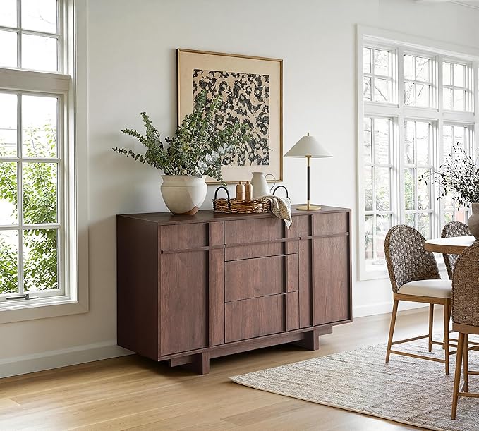 Sideboard Buffet Cabinet with Storage, 47.2" Large Sideboard with 2 Doors& 3 Drawers, Mid Century Modern Credenza with Skeleton line&Wood Grain for Living Room, Kitchen and Entryway, Walnut