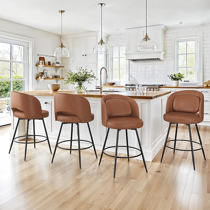 LUE BONA 26''H Swivel Bar Stools Set of 4, Counter Height Bar Stools with Backs, Lumbar Pillow and Black Metal Frames, Upholstered Modern Barstools for Kitchen Island, Faux Leather, Brown