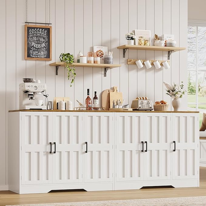 Modern Farmhouse Buffet Cabinet with Storage, 85" Large Sideboard Storage Cabinet with 6 Barn Doors, Coffee Liquor Bar Cabinet Wood Table Credenza with Adjustable Shelf for Kitchen Dining Living Room