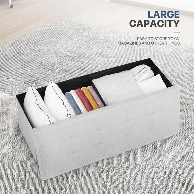 MoNiBloom 43 Inch Folding Storage Ottoman Bench, Linen Fabric Ottoman Footrest, Storage Chest, Padded Seat, End of Bed Bench for Living Room, Bedroom, Entryway, Light Gray