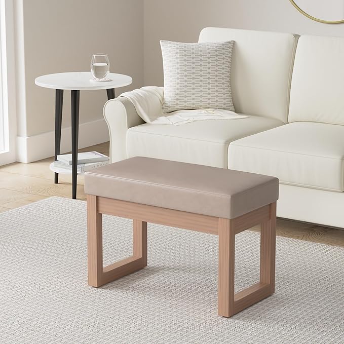 SIMPLIHOME Milltown Small Ottoman Bench - 27" Wide x 18" High Upholstered Vegan Leather Rectangle Footstool Ottoman in Ash Blonde, Contemporary Bench for Living Room with Cushioned Seat, Assembled