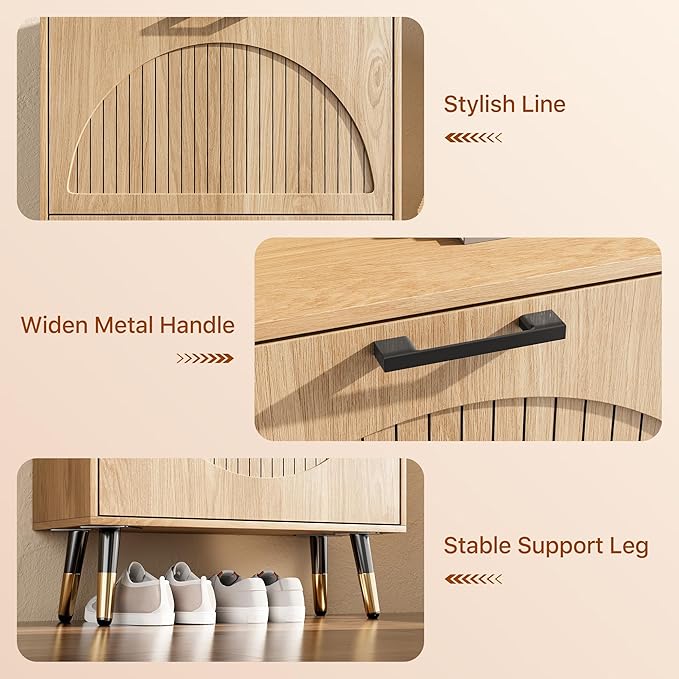 Farmhouse Shoe Cabinet Storage for Entryway, Slim Shoe Rack Cabinet with 4 Flip Drawers, Narrow Shoe Organizer Cabinet with Stylish Round Panel, Metal Leg and Handle