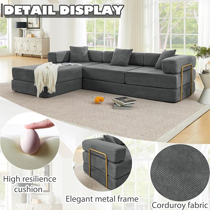 HANXIN 108" Modular Sectional Sofa, Futon Convertible Sofa Bed,Oversized Corduroy Boneless Couch for Living Room,Floor Loveseat Sleeper with Pull Out Bed,Free Combination,No Assembly Required (Grey)