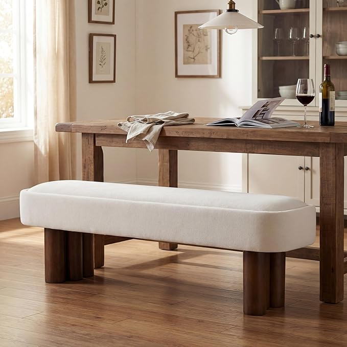 Merax 60.04'L Indoor Boucle Dining Bench with Walnut Color Legs, Upholstered Seating for Kitchen, Dining Room and Living Space,250lbs Capacity,Beige
