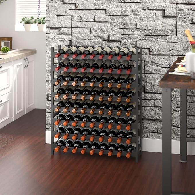 Wine Rack Freestanding Floor, Bamboo 8-Tier 69 Wine Bottle Holder Racks Countertop Cabinet Display, Wooden Stackable Modular Wine Storage Organizer Shelves for Kitchen Bar Cellar Dining Room Black