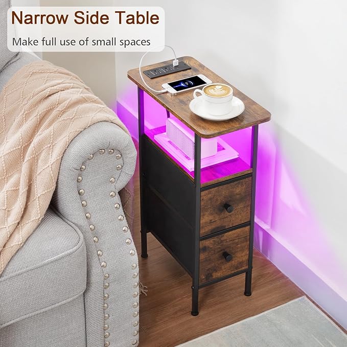 LOAKEKEL Narrow Nightstand with Charging Station, End Tables Living Room Set of 2, Skinny Side Table with Fabric Drawers, Small Sofa Table with LED Light for Bedroom, Brown, HETNDP02LBR