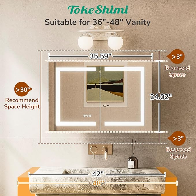 TokeShimi 36x24 Lighted Medicine Cabinet Mirror with Outlet, 3 Colors Dimmable Led Medicine Cabinet with Lights, Wall-Mount or Recessed, Anti-Fog Mirror with Storage for Bathroom and Vanity