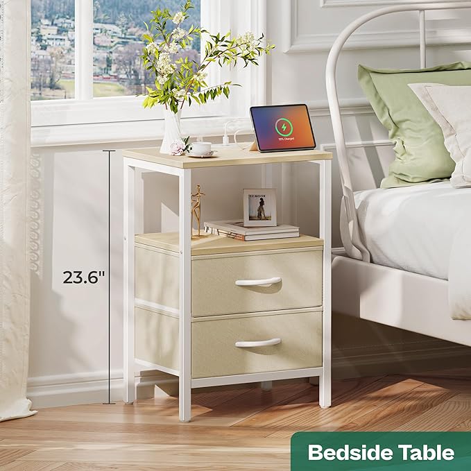 Huuger Nightstand with Charging Station, Side Table with Fabric Drawers, End Table with Open Shelf, Bedside Table with USB Ports and Outlets, Night Stand for Bedroom, White Marple