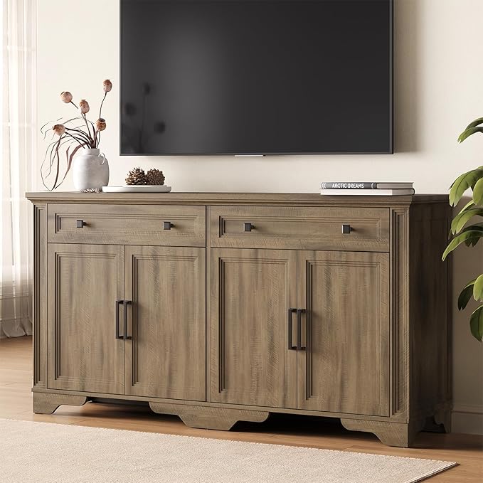 ONBRILL 63" Sideboard Buffet Cabinet, Kitchen Buffet Storage Cabinet, Large Credenza with Drawers & Doors, Wood Coffee Bar Console Wine Bar for Living Room Hallway Washed Brown