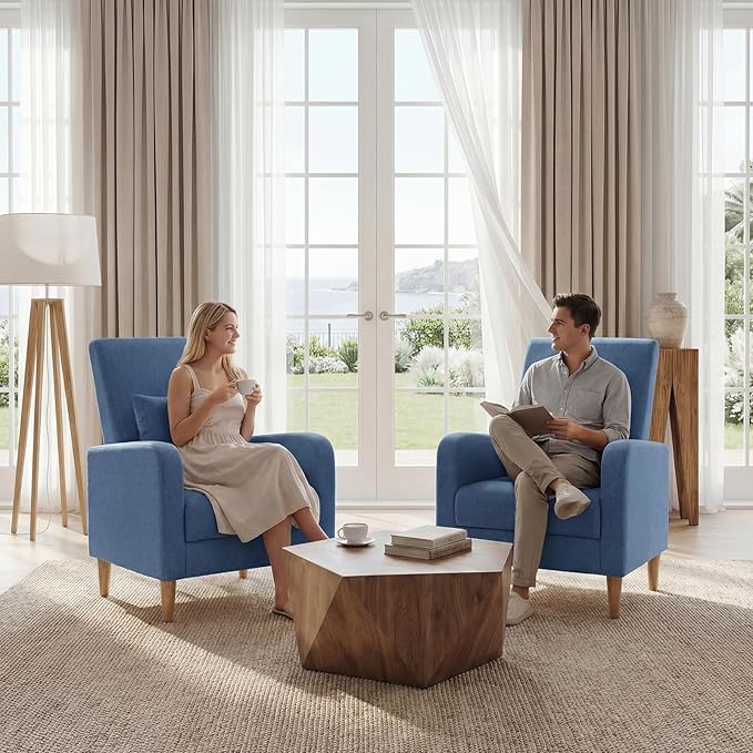 COLAMY Mid-Century Modern Upholstered Accent Chair with Back Pillow & Solid Wood Legs, Fabric Cozy Armchair for Living Room, Bedroom, Reading Nook, Apartment & Small Spaces, Blue