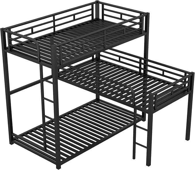 MERITLINE Metal Triple Bunk Bed for Kids, L-Shaped Twin Over Twin & Twin Bunk Bed Frame, 3 in 1 Bed Bunk Beds with Guardrails and Ladders for Teens Adults, Black