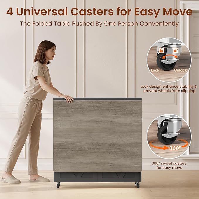 Jocoevol Folding Dining Table for Small Spaces, Space Saving Foldable Kitchen Table with Drawer & Storage Shelf, Rolling Drop Leaf Dining Table with Wheels for Dining Room (Grey 47.2" x 23.6" x 29.5")