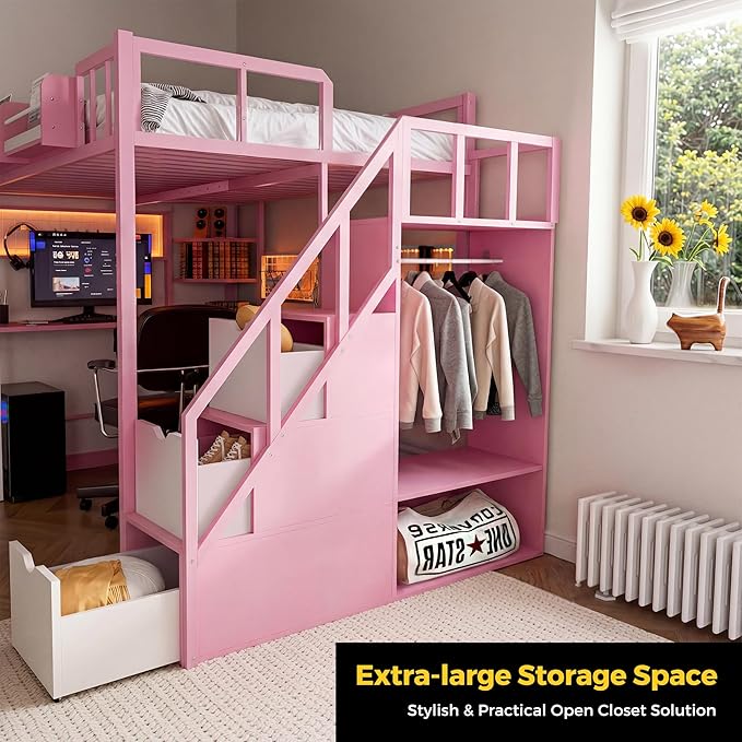 Kikihouse Twin Size Loft Bed with Desk and Stairs, Headboard, Wardrobe, Bedside Storage Shelf, 6 Drawers, Charging Station & LED Light, Metal Gaming Loft Bed Frame for Adult Space-Saving