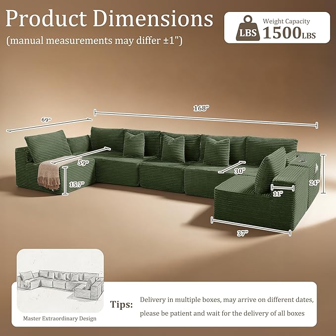 168" Cloud Sectional Couch, Comfort U Shaped Sofa for Living Room, Extra Deep Seats No Assembly, Minimalist Modular Couch, Corduroy (Olive Green, 7 Seats,U-Shape B)