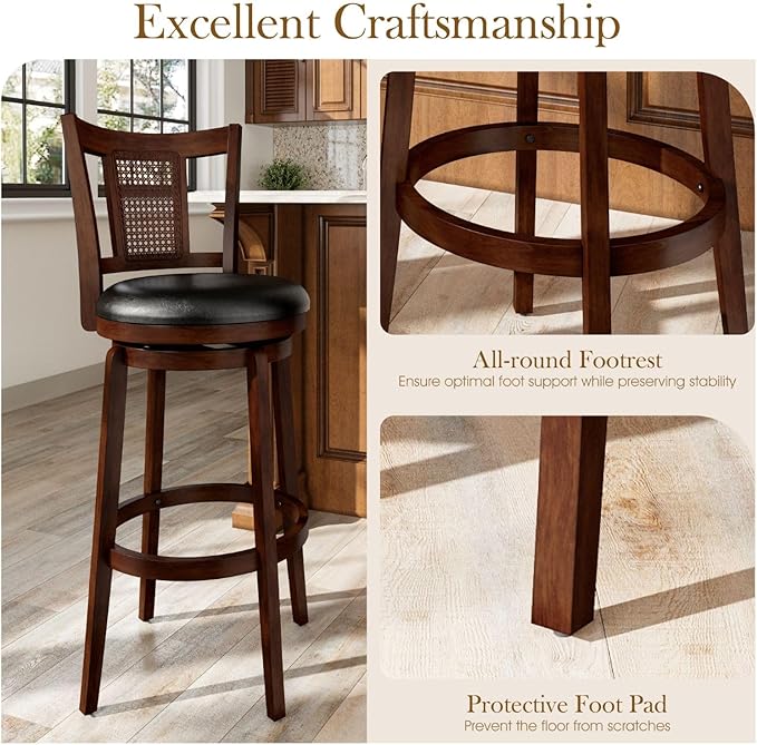 Sophia & William Swivel Bar Stools Set of 6, Bar Height Barstools with Backrest & Solid Wood Legs, Brown Faux Leather Kitchen Stools, 30 Inch