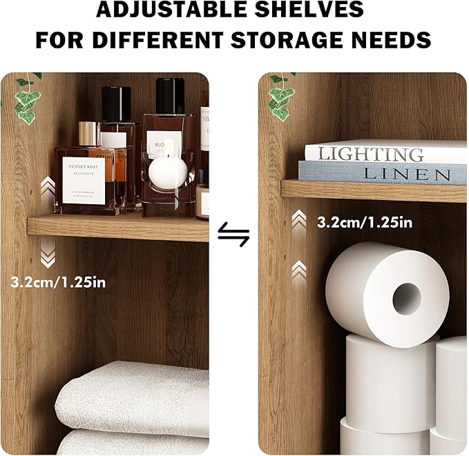 RUSTOWN Boho Rattan Wall Cabinet, Mid Century Bathroom Cabinet with Sliding Door, Adjustable Shelves, Over The Toilet Storage Cabinet (Rustic Oak)