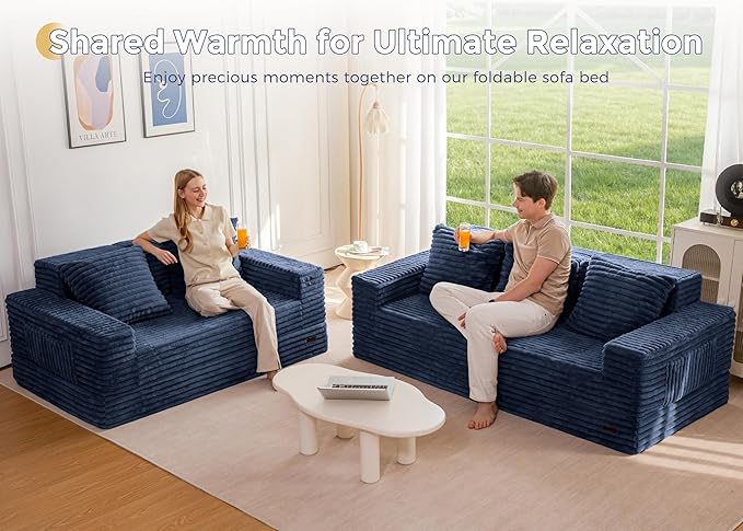 MAXYOYO Loveseat Sofa Bed, Striped Faux Fur Foldable Floor Sofa Couch in A Box, 4 in 1 Convertible Boneless Couch with 2 Cup Holders, Folding Recliner Sleeper Chair, No Assembly Required, Navy