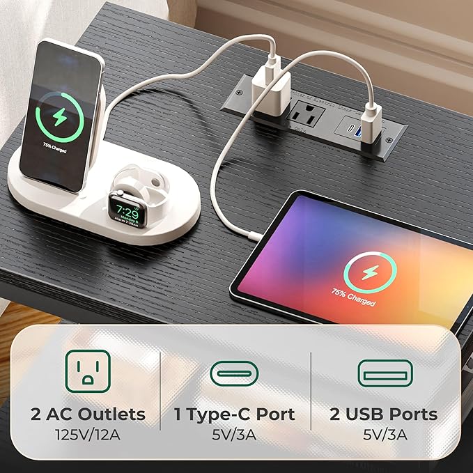 Huuger Night Stand with Charger Station and LED Lights, 2 Drawer Nightstand, Bed Side Table with Open Shelf, End Table, Fabric Drawers for Bedroom, Black