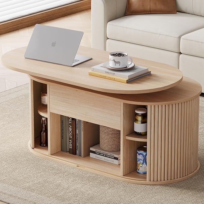 LINSY Lift Top Coffee Table, Oval Fluted Coffee Table with Storage, Boho Wooden Coffee Tables with Sliding Tambour Door, 39" Center Table for Living Room, Office, Small Space, Natural Oak