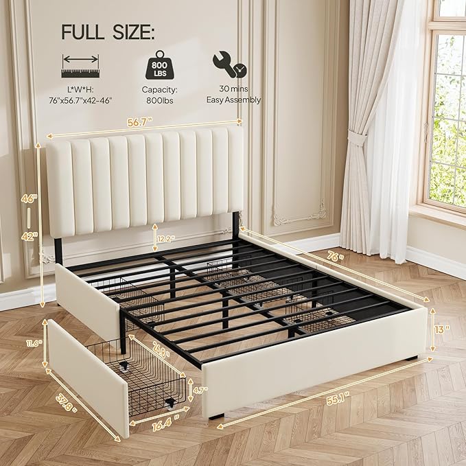 Welzona Full Bed Frame with Storage and Headboard, Velvet Upholstered Metal Platform Bed with Vertical Channel Tufted Headboard, 3-Level Height, 4 Storage Drawers, Noise Free, Easy Assembly, White