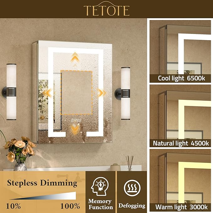 TETOTE Lighted Medicine Cabinet Mirror for Bathroom 40 x 32 LED Mirrored Medicine Cabinet with 3-Color Lights, 2 Door Tempered Glass Recessed or Surface Mount Cabinet, Outlets & USB, Adjustable Shelf