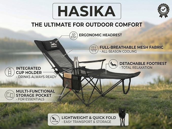 HASIKA Reclining Camping Chair with Footrest, Ultra-Lightweight Portable Folding Lounge Chair for Outdoor Hiking Picnic Beach, 4-Position Adjustable Back Support with Headrest & Carry Bag, Black