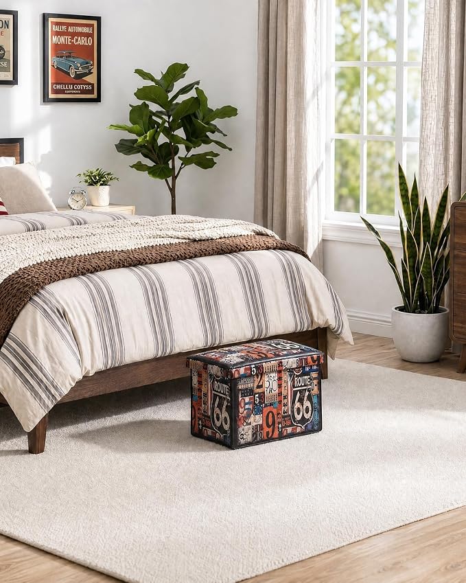 B FSOBEIIALEO Route 66 Storage Ottoman Bench, Faux Leather Foot Rest Seat for Living Room, Storage Organizer 16.54"x12.6"x12.6"