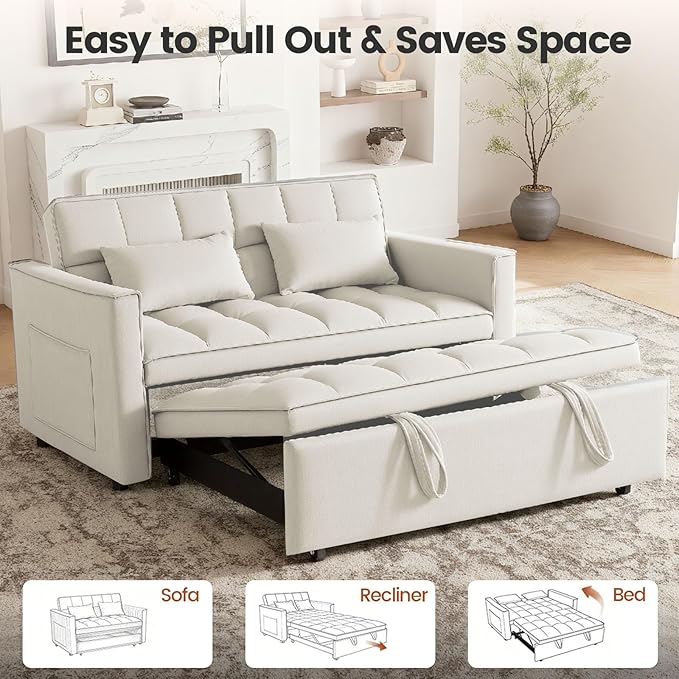 Convertible Sofa Bed, Pull Out Couch with Side Pockets, 3 in 1 Velvet Fabric Loveseat Sleeper Sofa Bed, Pull Out Couch with Adjustable Backrest for Living Room, Bedroom, Apartment, White